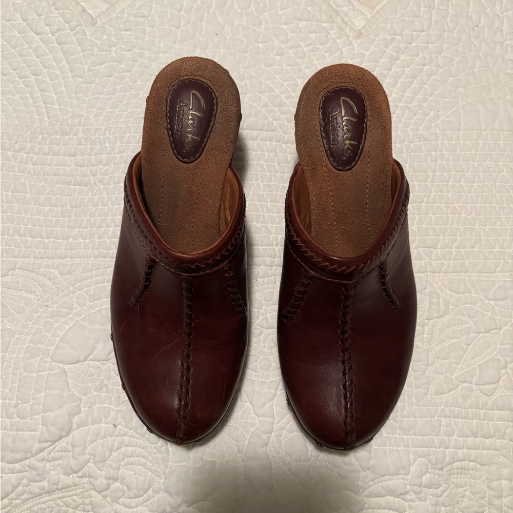 Clarks Brown Leather Slip-On Mules